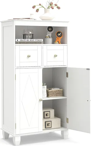COSTWAY Badezimmerschrank mit 2 Türen & 2 Schubladen, Weiß