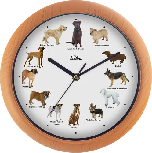 SELVA Tieruhr, Wanduhr, mit Tierlauten zu jeder Stunde und farbenfrohe Illustrationen, Gehäuse aus Kunststoff, Holzoptik, Farbe:Hunde
