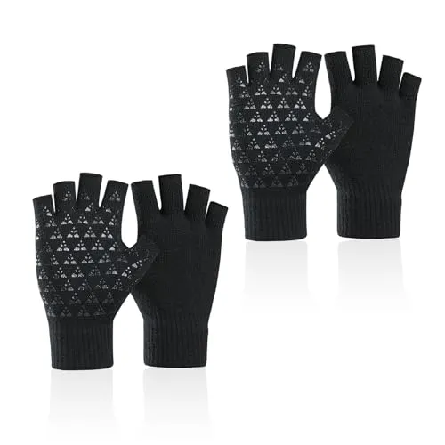 COACOM 2 Paar Schwarze Thermo-Strickhandschuhe, Halbfingerlose Handschuhe, Rutschfester Strick-Touchscreen, Unisex-Fingerlose Handschuhe, Winterzubehör, Fahrhandschuhe, Grip-Handschuhe