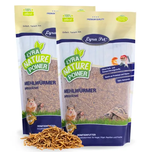 Lyra Pet® Mehlwürmer getrocknet 2 x 10 Beutel - Fischfutter: Hochwertige, proteinreiche Mehlwürmer für Vögel, Reptilien und Nagetiere – ideal zur ganzjährigen Fütterung und Unterstützung der Vitalität Ihrer Haustiere.