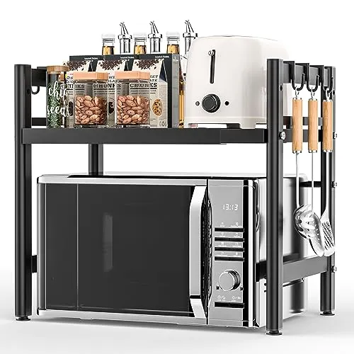 Glovios Erweiterbares Mikrowellen Regal - Stehendes Bäckerregal mit einstellbarer Länge und Höhe, ideal für Mikrowellen und Küchenutensilien, inklusive 6 Haken zur praktischen Aufbewahrung.