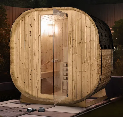 XXL Luxus Outdoor Fasssauna 194x180 cm mit 6 KW Saunaofen