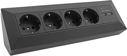 ChiliTec 4-fach Steckdosenblock mit 2x USB, schwarz - Praktische Mehrfachsteckdose mit 4 Steckplätzen und 2 USB-Anschlüssen, ideal für Zuhause und Büro, um mehrere Geräte gleichzeitig zu laden.