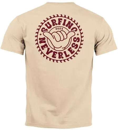 Neverless® Herren T-Shirt Surfing Surfer Motiv Hang Loose Sommer Sonne Wellen Backprint Fashion Streetstyle Natur 3XL