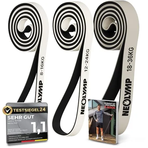 NEOLYMP Resistance Bands aus doppelbeschichtetem Naturlatex mit Fitness E-Book - Lange Fitnessbänder für Krafttraining, Widerstandsbänder, Klimmzugbänder (3er Set leicht | 8-36 kg)