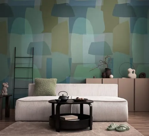 Moderne Fototapete Vlies mit grafischen Formen in Grün und Blau - Stilvolle Tapete im abstrakten Design, abziehbar und hoch waschbeständig, ideal für jedes Zimmer und sorgt für frischen Wind in Ihrem Zuhause.