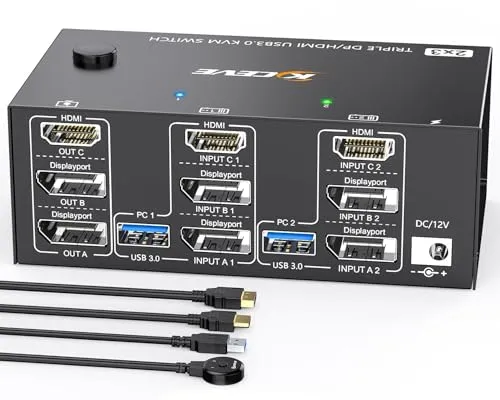 8K@60Hz 4K@144Hz KVM Switch 2 PC 3 Monitore, KVM Switch drei Monitore mit 4 USB 3.0-Anschlüssen, Netzteil, kabelgebundener Fernbedienung sowie HDMI DisplayPort USB Kabeln im Lieferumfang enthalten
