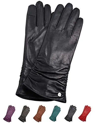 AKAROA ESTD 2019 Lederhandschuhe Damen BEA - Damen Lederhandschuhe mit Touchscreen Funktion, aus italienischem Leder und recyceltem Kaschmir-Wollfutter, ideal für warme Hände und modernes Design.