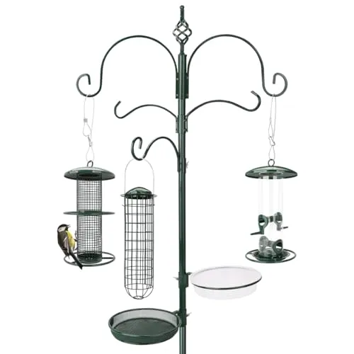 wildtier liebe Vogel Futterstation aus wetterfestem Metall, Höhe 235cm, Grün - Komplettset inkl. Vogeltränke und Futterteller für Mehlwürmer Körner Erdnüsse, Vogelbad
