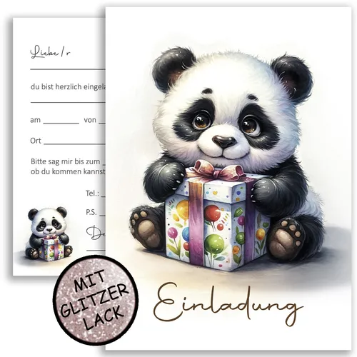 10x Panda Bär Glitzer Einladungskarten Einladung Kinder Kindergeburtstag