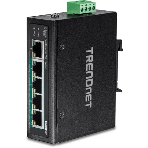 TRENDnet TI-PE50 5-Port-DIN-Schienen-Switch - Netzwerk-Switch mit 4 PoE+-Ports und 90 W PoE-Leistungsbudget, ideal für industrielle Anwendungen dank IP30 Schutzklasse und robustem Metallgehäuse.