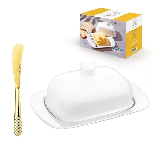 Wilmax Butterdose Weiß + 1 goldenes Messer - Butterschale aus Keramik - Für alle Geschirre, Alltag, Partys - Zum Servieren und Aufbewahren von Butter - Spülmaschinenfest - Porzellan