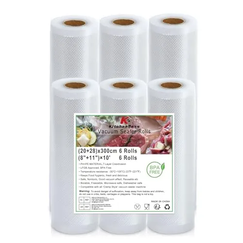 KitchenBoss Vakuumierbeutel 6 Rollen 20/28 x 300cm:Vakuumierfolie für Vakuumierer & Sous Vide, Vakumierfolienrollen BPA-Free, Vakuumierer Beutel Kochfest, Vakuumbeutel Lebensmittel Wiederverwendbar