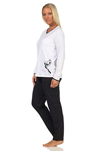 NORMANN-Wäschefabrik Damen Schlafanzug Langarm Pyjama mit Katzenmotiv, Größe: 44-46 - Bequemer Langarm-Pyjama mit süßem Katzenmotiv und gepunkteter Hose. Aus 100% Baumwolle, OEKOTEX STANDARD 100, für angenehmen Tragekomfort. Ideal für entspannte Nächte oder gemütliche Homewear.