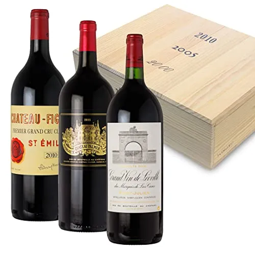 Außergewöhnliche Sammlerbox Figeac 2010, Palmer 2005, Leoville Las Cases 2000-3 Magnum-Flaschen Rotwein trocken (1,5 l) in limitierter Holzbox - Bordeaux Frankreich