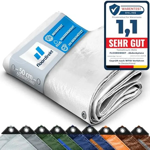 Floordirekt Abdeckplane | Gewebeplane Schutzplane Bootsplane Zeltunterlage für Camping & Outdoor | Garten wasserdichte Planemit Ösen Viele Größen & Farben 3x4m, 12m² 140 g/m², Weiß