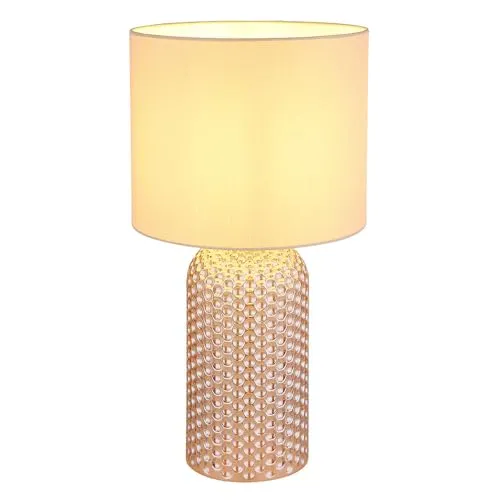 LED Tischlampe Glas Textil champagner – Stilvolle Nachttischleuchte - ELEGANTE TISCHLAMPE: Diese Kombination aus Glasfuß und Textilschirm bringt einen modernen Akzent in Ihr Zuhause. INKLUSIVE LED: Mit 1055 Lumen sorgt sie für warmes Licht, ideal zum Entspannen oder Lesen. Praktischer Wippschalter für einfachen Einsatz.