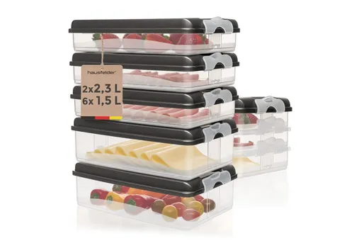 Hausfelder Frischhaltedose Aufschnittdosen Set, 14-tlg. - Frischhaltedosen Set für Kühlschrank-Organisation, BPA-frei, stapelbar und spülmaschinengeeignet für hygienische Aufbewahrung von Lebensmitteln.