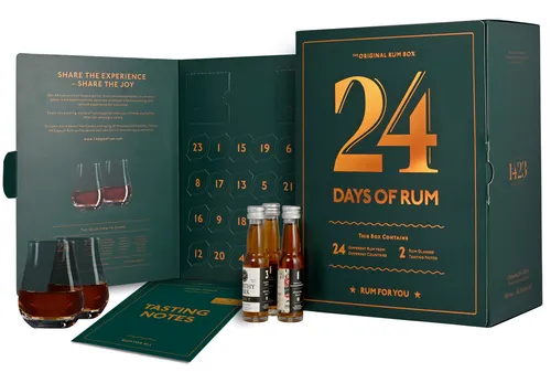 Rum Tasting Adventskalender - 24 Days of Rum 43,7% Vol. - Adventskalender mit 24 edlen Rum-Miniaturen (je 2 cl) aus verschiedenen Ländern und 2 Degustationsgläsern – ein genussvolles Erlebnis für Rum-Liebhaber!