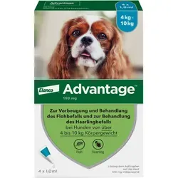 Advantage 100 Hunde 4-10 kg - Effektives Zecken- und Flohmittel - Zeckenmittel & Flohmittel für Haustiere, rezeptfrei, schützt Hunde von 4-10 kg zuverlässig vor Parasiten, einfache Anwendung in praktischen 4 St.