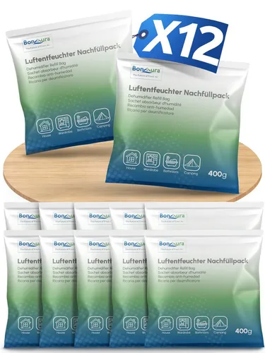 BonAura Luftentfeuchter-Nachfüllpack gegen Schimmel und Gerüche, für AirOne Select, Spar-Set, 12 x 400g Luftentfeuchter Granulat