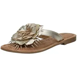 Lazamani Zehensteg Sandalen - Gold - Größe 37 - Stylische Zehen-Pantolette aus hochwertigem Leder mit handgefärbter Blütenapplikation. Rutschhemmende Laufsohle und super weiches Fußbett sorgen für höchsten Tragekomfort an warmen Sommertagen.