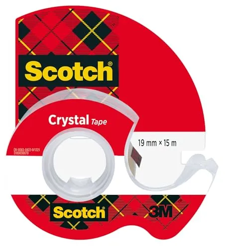 Scotch Crystal Klebeband, 19 mm x 15 m, 1 Rolle und Handabroller - Allzweck-Klebeband für die Reparatur, Verschließen von Dokumenten