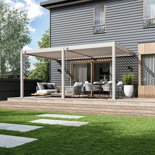 Deluxe Wand Pavillon Terrassenüberdachung Aluminium 3,6x5,3 M sand - Eleganter Wand Pavillon in 3,6x5,3 m für stilvollen Terrassenschutz. Robuste Aluminiumkonstruktion mit verstellbaren Lamellen für individuelle Lichtregulierung und effektiven UV-Schutz. Ideal für jeden Außenbereich.