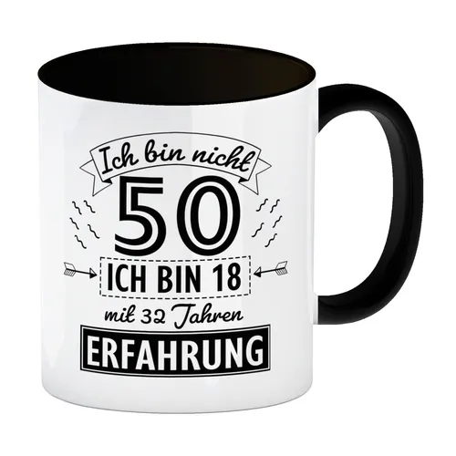 Witziger Kaffeebecher Schwarz für den 50. Geburtstag mit Motiv: Erfahrung