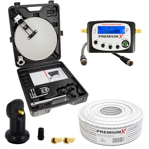 PremiumX Camping Satelliten Anlage - Kompakte SAT-Finder mit Single LNB und 10m Koaxial Kabel - Sat-Schüsseln für Camping: Handliche und robuste Satelliten-Anlage im Koffer, ideal für Film und Sport unterwegs – einfacher Aufbau und vielseitige Montagemöglichkeiten.