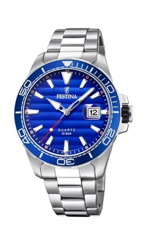 Festina Herren Analog Quarz Uhr F20360/1 - Armbanduhr für Herren mit Edelstahlarmband, 10 bar wasserdicht und stilvollem blauen Ziffernblatt mit Leuchtzeigern – ideal für jeden Anlass.