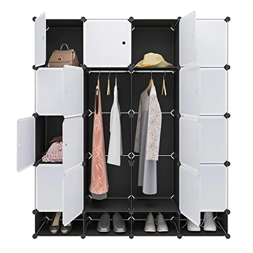 WOLTU Kleiderschrank mit 16 Würfeln, 4‑Fächern, Garderobenschrank aus Kunststoff in Schwarz‑Weiß, mit 2 Kleiderstangen, Schlafzimmerschrank 148 × 35 × 165 cm, SR0090sw