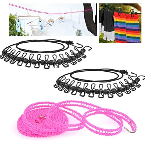 TIMESETL 3Stück Wäscheleine Reise Camping, Wäscheleine mit Klammern 180-360cm mit 12 beschichteten Klammern und Positionierung Schnalle für Reise Urlaub Outdoor Camping