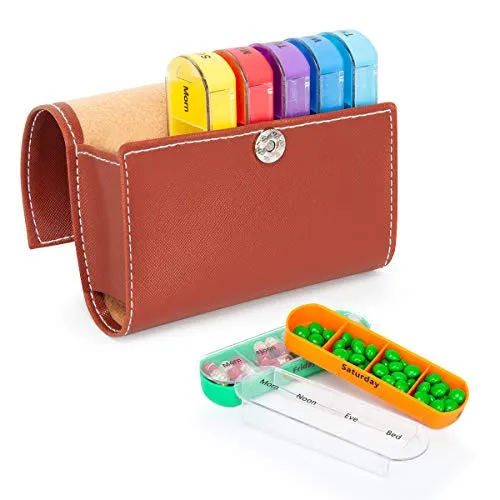 Tablettenbox 7 Tage 4 Fächer - Pillenbox mit PU-Lederetui für Reisen, Pillendose Morgens Mittags Abends Nachts - Tablettendose Ideal für Medikamente, Tabletten, Kapseln, Vitaminergänzungen