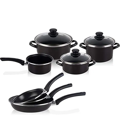 Magefesa Kochgeschirr-Set, 7-teilig, + 3-teiliges Pfannen-Set, 18 – 20 – 24 cm, Antihaftbeschichtung frei von PFOA, spülmaschinenfest, geeignet für Kochfelder, Gas, hergestellt in Spanien