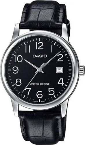 Casio MTP-V002L-1B Herren-Armbanduhr - Elegante analoge Armbanduhr für Männer mit schwarzem Zifferblatt und leicht ablesbaren Ziffern. Robustes Edelstahlgehäuse und langlebiges Lederarmband bieten hohen Tragekomfort.