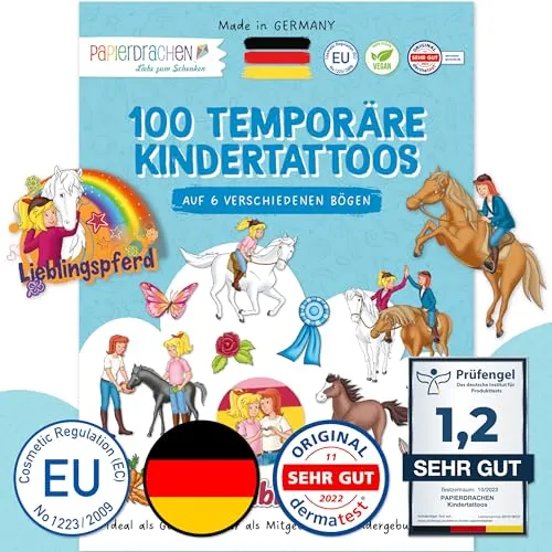 Papierdrachen 100 besonders hautfreundliche Kindertattoos - Tattoos Bibi, Tina und ihre Tierfreunde - für Kinder - als Geburtstagsmitgebsel - 100% vegan, geprüft & made in Germany - Set 23