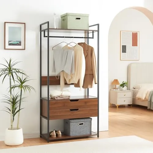[en.casa] Garderobenständer Larem mit 2 Schubladen - Garderobenständer mit stabilem Metallgestell und eleganter Walnussoptik, bietet viel Stauraum für Kleidung und Accessoires, ideal für Flur oder Ankleidezimmer.