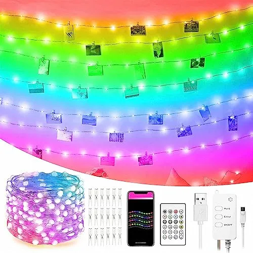 LED Fotoclips 10m Musiksynchronisation Farbwechsel, RGB-LED-Kette, 40-Tasten-Fernbedienung, eingebautes Mikrofon, SMART ALEXA GOOGLE HOME TUYA, App-gesteuerte LED-Leuchten