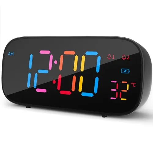 LIORQUE Digitaler Wecker Digitale Uhr mit Farb-LED Temperaturanzeige batteriebetriebener Wecker mit Snooze, 0-100% Helligkeit, 8 Klingeltöne, 2 Alarme, 12/24 Stunden, USB-Ladeanschluss