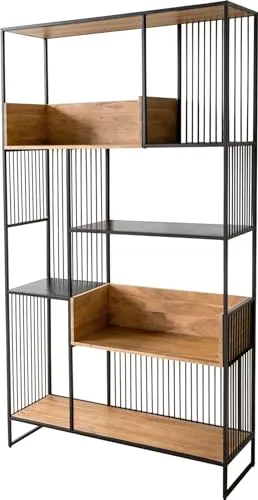DELIFE Standregal Lukeo Akazie Natur 115x200 cm Schwarz - Elegantes Standregal aus Akazie und Metall, ideal für stilvolle Wohnräume. Mit asymmetrischer Aufteilung und verschiedenen Ablagen bietet es viel Platz für Bücher und Deko. Ein echter Hingucker!