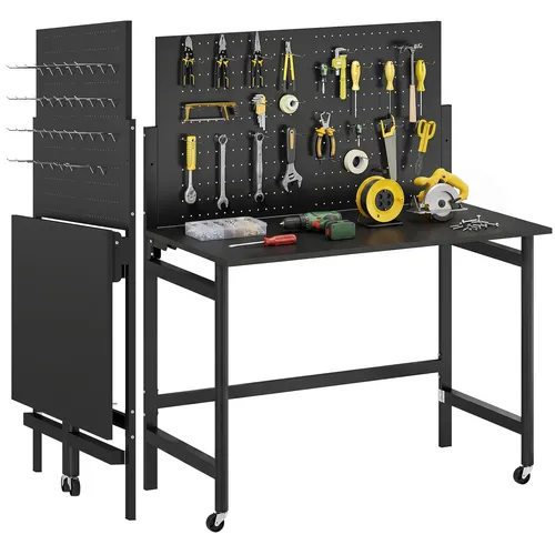 Klappbare Werkbank mit Lochwand, 115 x 62 x 143,5 cm - Praktische mobile Werkbank mit stabiler Lochwand für vielseitige Nutzung. Hohe Traglast von 120 kg und pulverbeschichtete Oberfläche für Langlebigkeit.