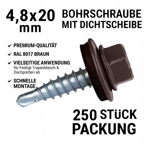 Bohrschrauben 4,8x20 mm RAL 8017 Braun mit Dichtscheibe | 250 Stück
