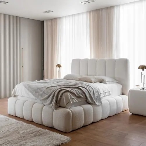 Home Collective Polsterbett Doppelbett Bett mit Stauraum viele Größen und Farben | Bettgestell mit Lattenrost weicher Bouclé Bezug mit Steppung | Schlafzimmer Möbel | Creme 180x200 cm