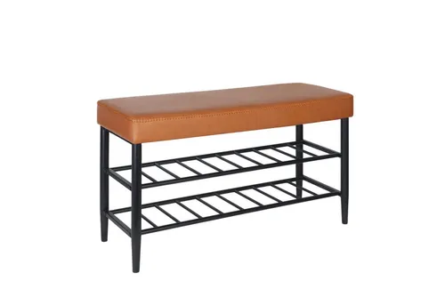 relaxdays Schuhbank mit 2 Schuhablagen, braun - Stylische Garderobenbank im Mid-Century-Modern-Stil mit komfortablem Kunstlederpolster und stabilen Eisenablagen für bis zu 130 kg. Ideal für Flur, Schlafzimmer oder Wohnzimmer.