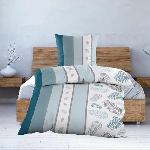 Kuschelige Biber Bettwäsche 135x200 | 2tlg. | Baumwolle Petrol Streifen & Federn - Blau