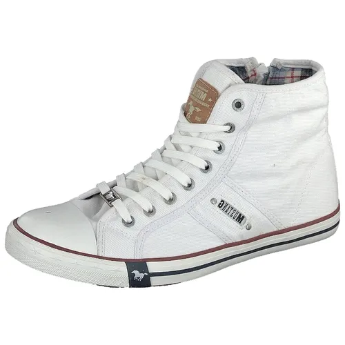 MUSTANG Herren Canvas High Top Sneaker Weiß EU 44 - Herren-Sneaker aus hochwertigem Canvas mit komplettem Textil-Innenschuh und praktischem Reißverschluss für einfaches An- und Ausziehen.