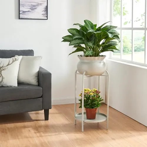 [en.casa] Blumenständer Altena Pflanzenständer mit Blumentopf und Ablage Metall Hellgrau Pflanzenregal 60 x 27 x 27 cm Blumensäule für innen Blumentopfständer