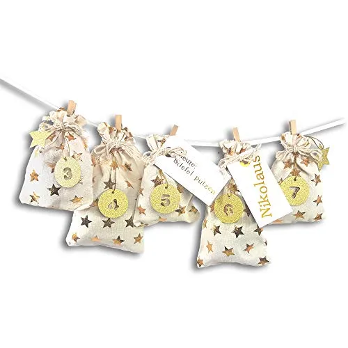 Frau WUNDERVoll® DIY Adventskalender zum Befüllen Schneeflöckchen Baumwollbeutel creme,goldene Stern,Ziffern gold/Weihnachtskalender,Beutel,Sack,Säckchen,Stoffbeutel,Baumwolle,Geschenkbeutel,Bastelset
