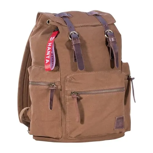Hanta Nature Rucksack Canvas 20L, Wanderrucksack aus Canvas-Stoff für Outdoor-Ausflüge, Camping, Alltag oder Schule für Damen und Herren mit Lederriemen und Reißverschlüssen - Braun